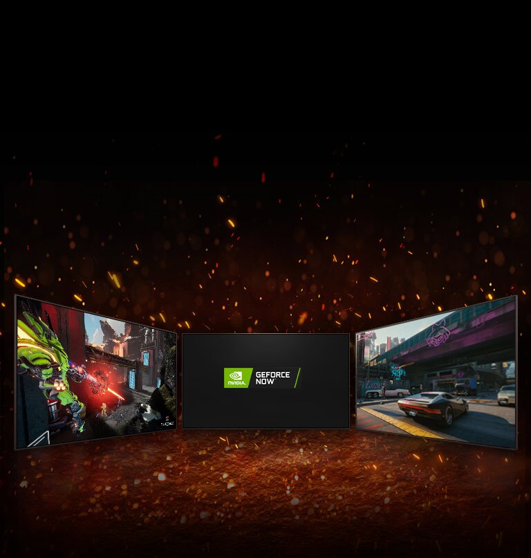 There are three TVs displayed. In the middle, the screen shows two logos placed in diagonal – logo of NVIDIA GeFORCE NOW. On left TV shows Splitgate and on right TV shows Cyberpunk 2077.