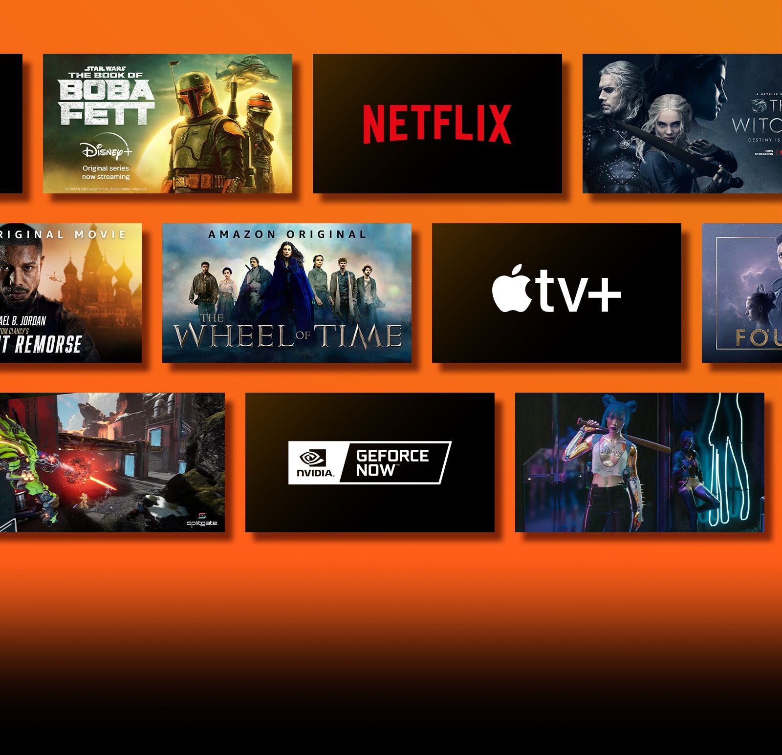 There are logos of streaming service platforms and matching footages right next to each logo. Netflix logo and money heist and the Witcher. Prime Video logo and Without Remorse and The Wheel of Time. Livenow logo and mamamoo teaser image and OneUs teaser image. NVIDIA Geforce Now logo and gameplay images of Cyberpunk 2077 and Splitgate. Apple TV plus logo and Foundation and Finch.