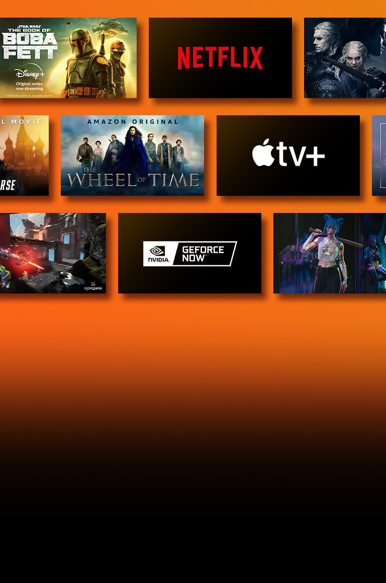 There are logos of streaming service platforms and matching footages right next to each logo. Netflix logo and money heist and the Witcher. Prime Video logo and Without Remorse and The Wheel of Time. Livenow logo and mamamoo teaser image and OneUs teaser image. NVIDIA Geforce Now logo and gameplay images of Cyberpunk 2077 and Splitgate. Apple TV plus logo and Foundation and Finch.