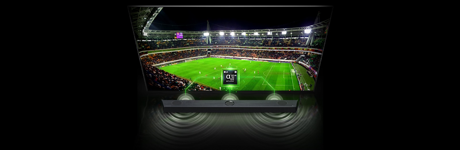 There is an image of 'Alpha 5 Chip' on the TV and a sound bar just below it. And on TV, the screen of the soccer stadium, the woman walking on the sunset beach, and the concert hall are shown one after another, and on the sound bar, the sound wave effect and color change according to the screen.