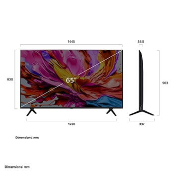 Front view and side view of LG QNED evo AI qned91 4K Smart TV showing its length, width, height, and depth dimensions.
