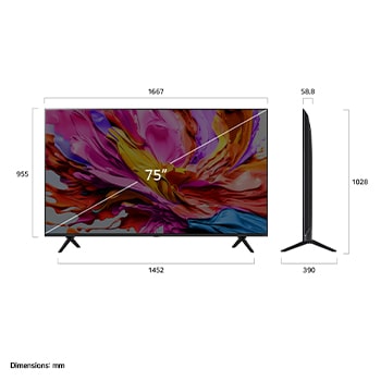 Front view and side view of LG QNED evo AI qned91 4K Smart TV showing its length, width, height, and depth dimensions.
