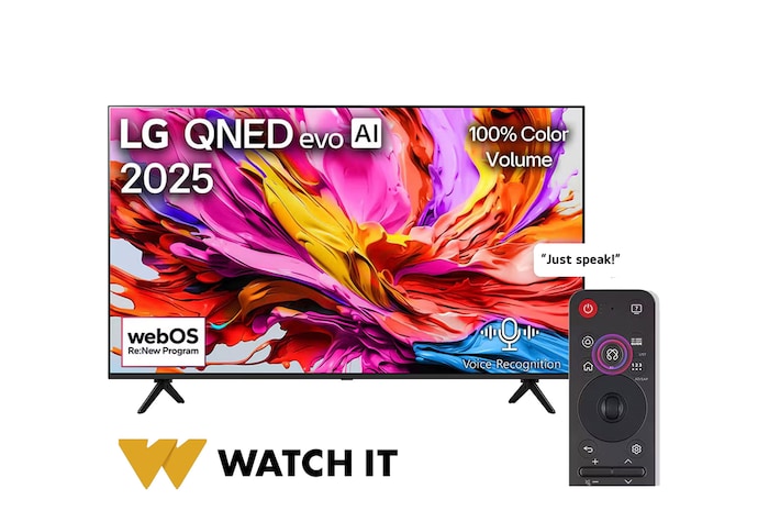 Front view of LG QNED evo qned91 TV, LG QNED evo Al Logo on the top corner. LG QNED evo TV depicts colorful paintike textures coming together.