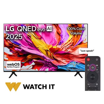 Front view of LG QNED evo qned91 TV, LG QNED evo Al Logo on the top corner. LG QNED evo TV depicts colorful paintike textures coming together.