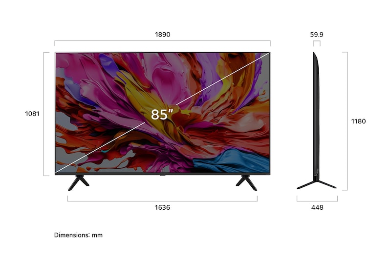 Front view and side view of LG QNED evo AI qned91 4K Smart TV showing its length, width, height, and depth dimensions.