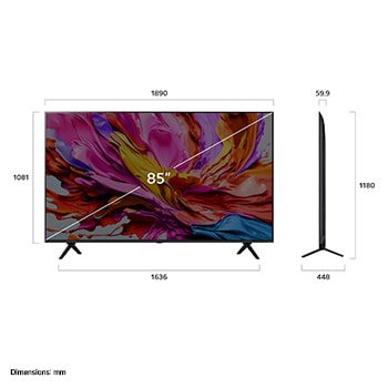 Front view and side view of LG QNED evo AI qned91 4K Smart TV showing its length, width, height, and depth dimensions.