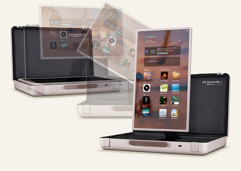 A stroboscopic image of the LG StanbyME Go. As it moves forward to right side, the screen rotates from horizontal to vertical.