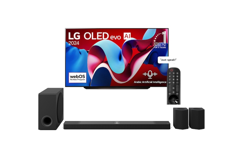 Front view of 83 Inch LG OLED evo AI C4 4K Smart TV AI Magic remote Dolby Vision webOS24 2024 + LG Soundbar for TV with Dolby Atmos 9.1.5 channel S95TR OLED83C46LA.S95TR