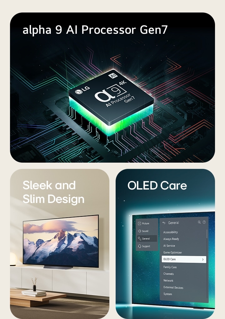 LG's alpha 9 AI Processor Gen7 on top of a motherboard, emitting green bolts of light.  Sleek and Slim Designed OLED TV placed in a modern living space.  OLED TV with the OLED Care menu is selected in the support menu that is up on the screen.