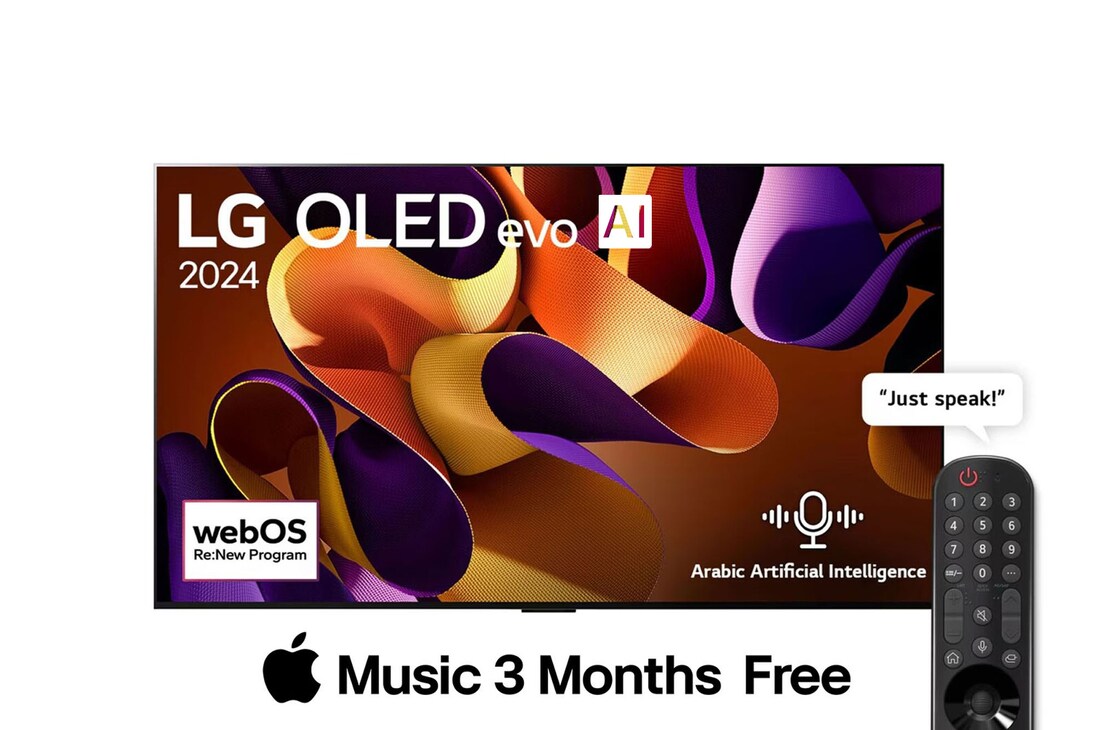 Front view with LG OLED evo TV, OLED G4, 11 Years of world number 1 OLED Emblem, and 5-Year Panel Warranty logo on screen