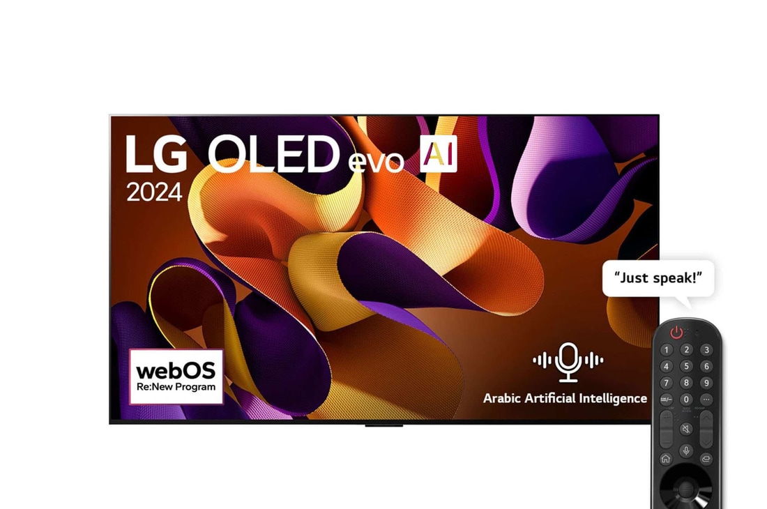 Front view with LG OLED evo TV, OLED G4, 11 Years of world number 1 OLED Emblem, and 5-Year Panel Warranty logo on screen