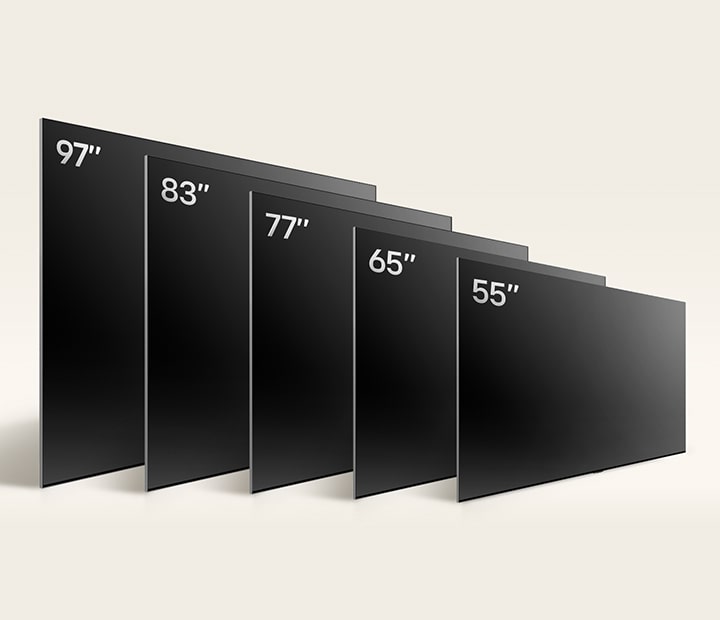 Comparing LG OLED TV, OLED G4's varying sizes, showing OLED G4 55", OLED G4 65", OLED G4 77", OLED G4 83", and OLED G4 97".	
