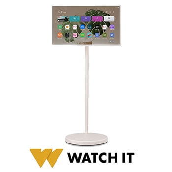 Front view of LG StanbyME 2 on the stand.
