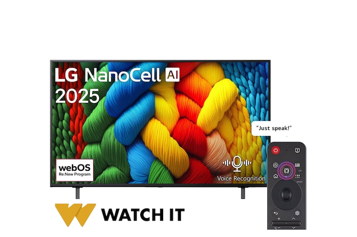 Front view of NanoCell TV, LG NanoCell Al Logo on the top corner. LG NanoCell NANO80 TV depicts colorful paintike textures coming together.