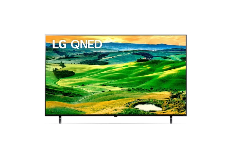 Front view of LG QNED 4K Smart TV 55 inch Series 80, a7 Gen5 4K Processor, HGiG & FreeSync for gaming. 55QNED806QA