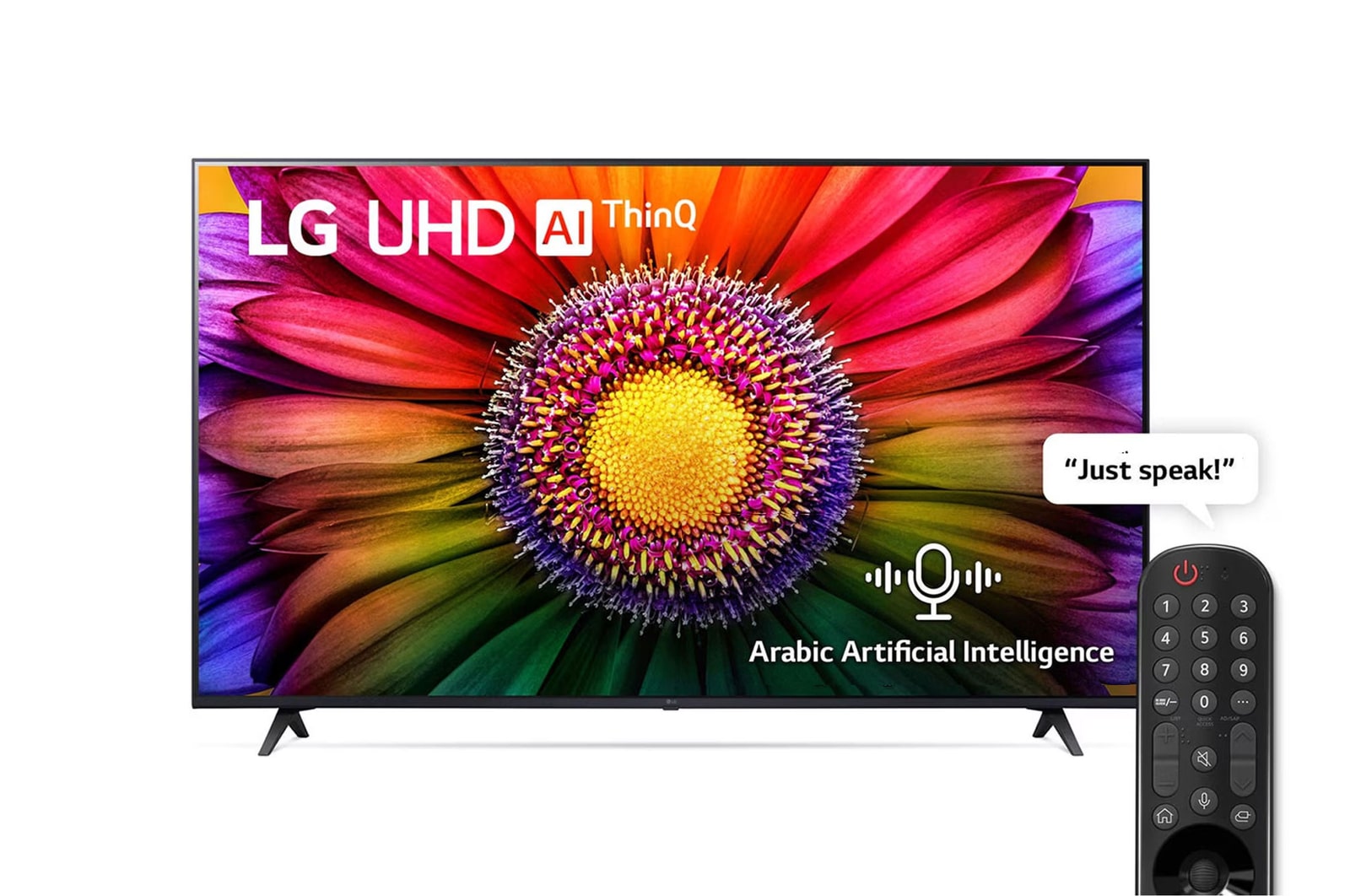 Front view of UHD 4K Smart TV, 55 inch, WebOS , Magic Remote,  HDR10 Pro, 4K Upscaling, AI Sound Pro (5.1.2ch), UR805 series. 55UR80506LK
