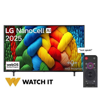 Front view of NanoCell TV, LG NanoCell Al Logo on the top corner. LG NanoCell NANO80 TV depicts colorful paintike textures coming together.