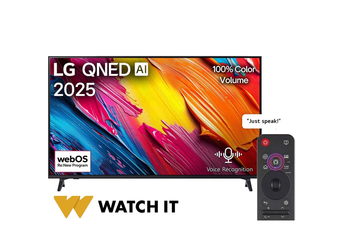 Front view of LG QNED70 TV, LG QNED Al Logo on the top corner. LG QNED TV depicts colorful paintike textures coming together.