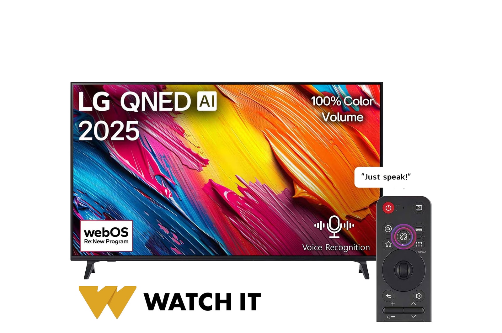 Front view of LG QNED70 TV, LG QNED Al Logo on the top corner. LG QNED TV depicts colorful paintike textures coming together.