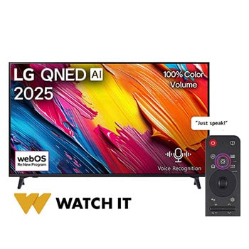 Front view of LG QNED70 TV, LG QNED Al Logo on the top corner. LG QNED TV depicts colorful paintike textures coming together.