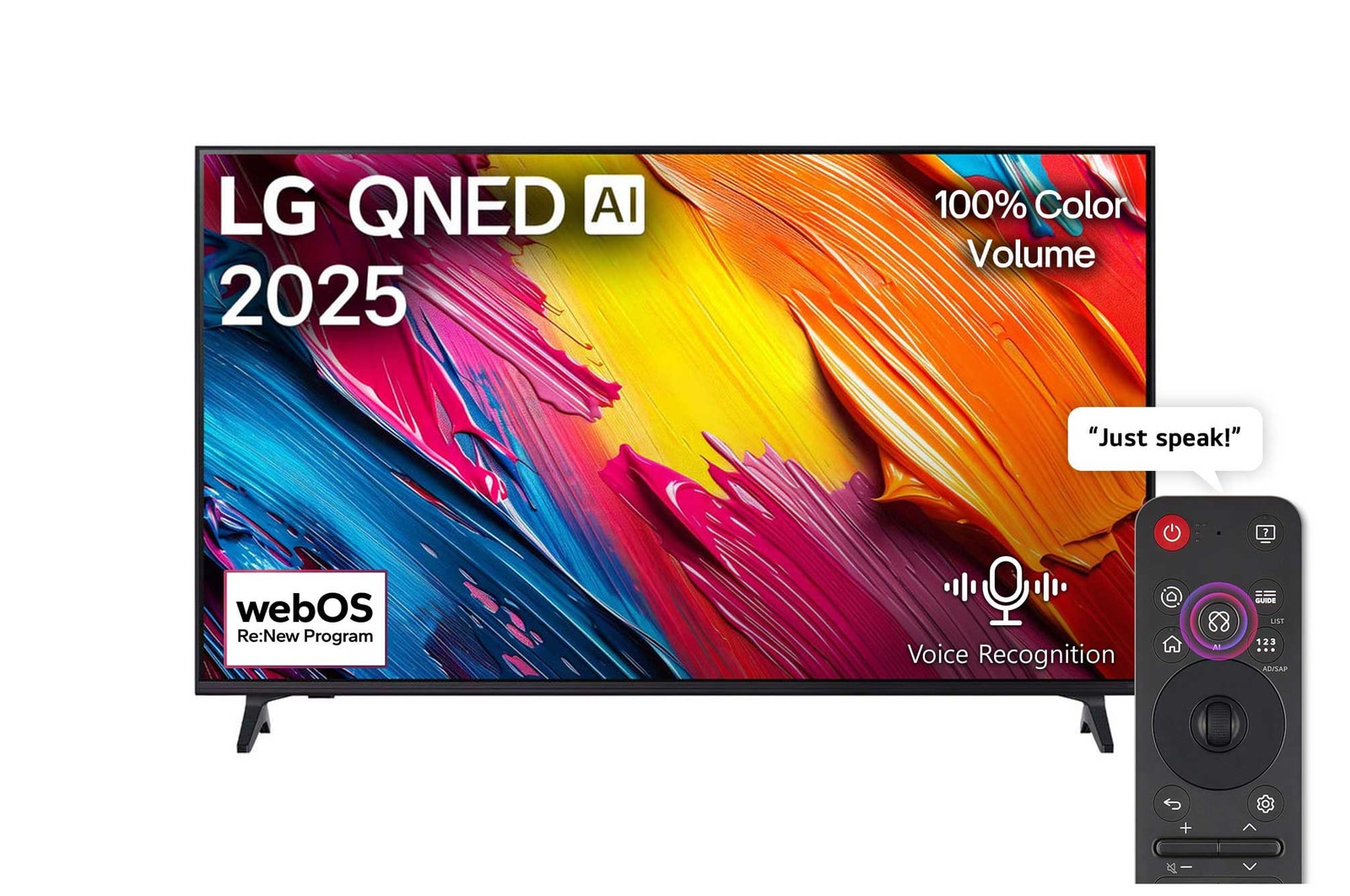 Front view of LG QNED70 TV, LG QNED Al Logo on the top corner. LG QNED TV depicts colorful paintike textures coming together.
