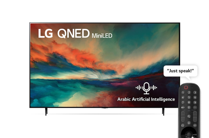 Front view of QNED MiniLED Smart TV with Color Technology, 65 inch, WebOS , Magic Remote,  Dolby Vision, AI Picture Pro, Dolby Atmos, AI Sound Pro, (5.1.2ch), 120 Hz, QNED85 series. 65QNED856RA