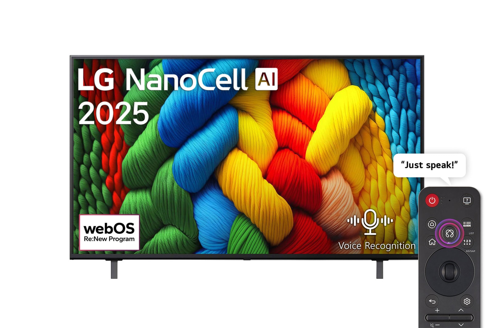 Front view of NanoCell TV, LG NanoCell Al Logo on the top corner. LG NanoCell NANO80 TV depicts colorful paintike textures coming together.