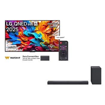 Front view of 75 inch LG QNED evo AI QNED9M MiniLED 4K 144Hz VRR Smart TV AI Magic remote webOS25 2025 + LG SC9S soundbar for OLED C Series 75QNED9MA6A.SC9S