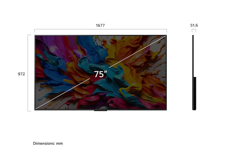 Front view and side view of LG QNED evo AI QNED9M 4K Smart TV showing its length, width, height, and depth dimensions.