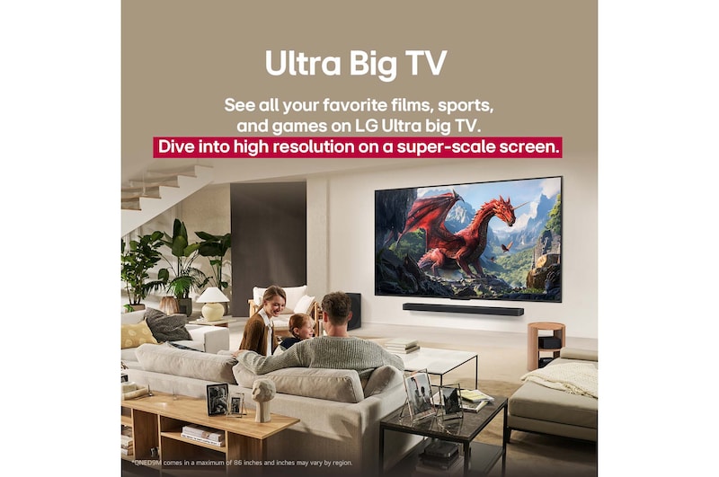 A family sits on a couch facing a LG QNED TV mounted on a wall above a LG Soundbar with a little girl pointing to a screen depicting two dolphins. The title talks about how every action is more thrilling on a massive screen.