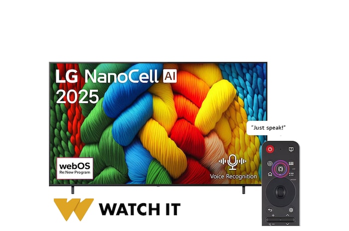 Front view of NanoCell TV, LG NanoCell Al Logo on the top corner. LG NanoCell NANO80 TV depicts colorful paintike textures coming together.