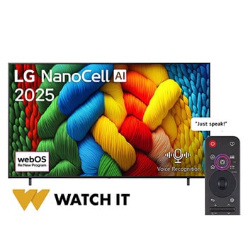 Front view of NanoCell TV, LG NanoCell Al Logo on the top corner. LG NanoCell NANO80 TV depicts colorful paintike textures coming together.