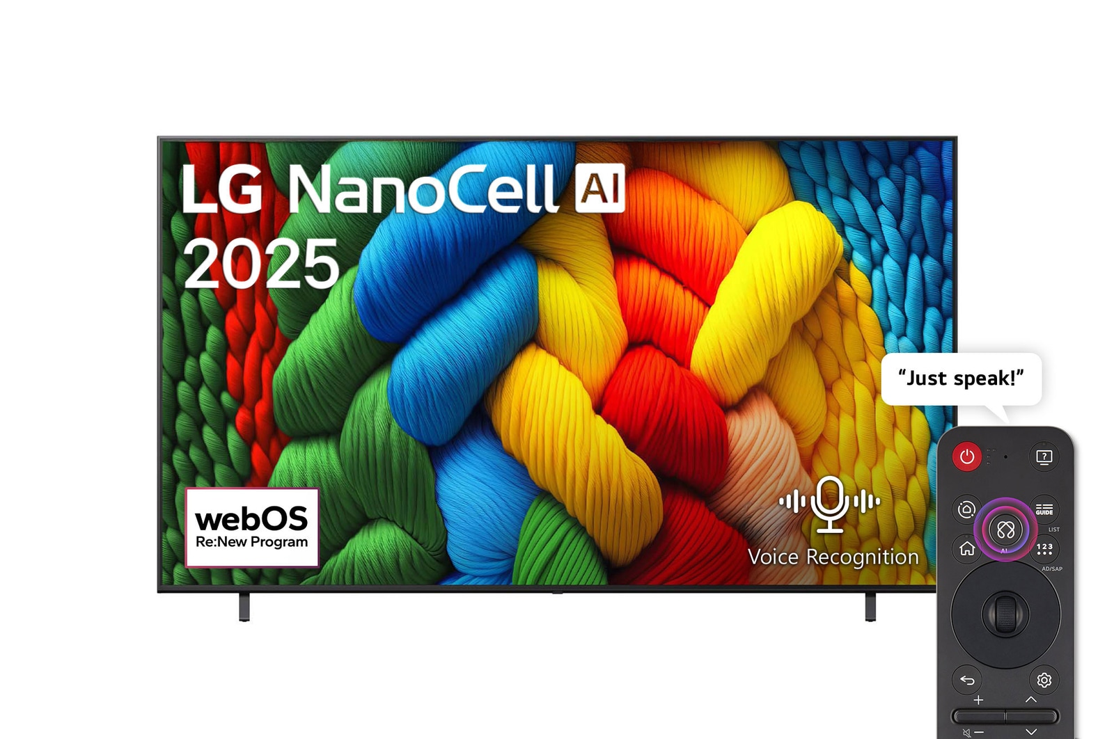 Front view of NanoCell TV, LG NanoCell Al Logo on the top corner. LG NanoCell NANO80 TV depicts colorful paintike textures coming together.