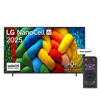 Front view of NanoCell TV, LG NanoCell Al Logo on the top corner. LG NanoCell NANO80 TV depicts colorful paintike textures coming together.