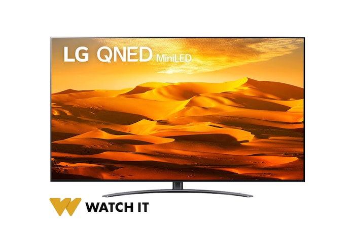 A front view of the LG QNED TV with infill image and product logo on