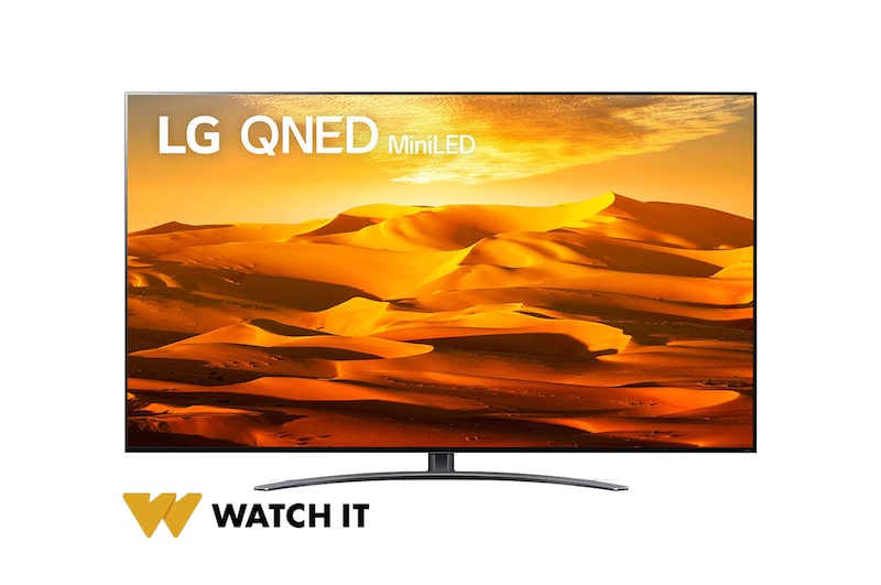 A front view of the LG QNED TV with infill image and product logo on