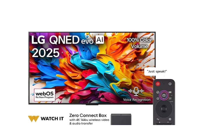 Front view of LG QNED evo AI QNED9M TV. LG QNED evo AI Logo on the. op corner. LG QNED evo TV depicts colorful paintike textures coming together. Zero Connect Box in the corner with the title, Zero Connect Box with 4K 144Hz wireless video & audio transfer.