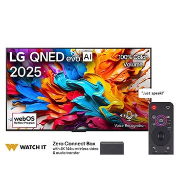 Front view of LG QNED evo AI QNED9M TV. LG QNED evo AI Logo on the. op corner. LG QNED evo TV depicts colorful paintike textures coming together. Zero Connect Box in the corner with the title, Zero Connect Box with 4K 144Hz wireless video & audio transfer.