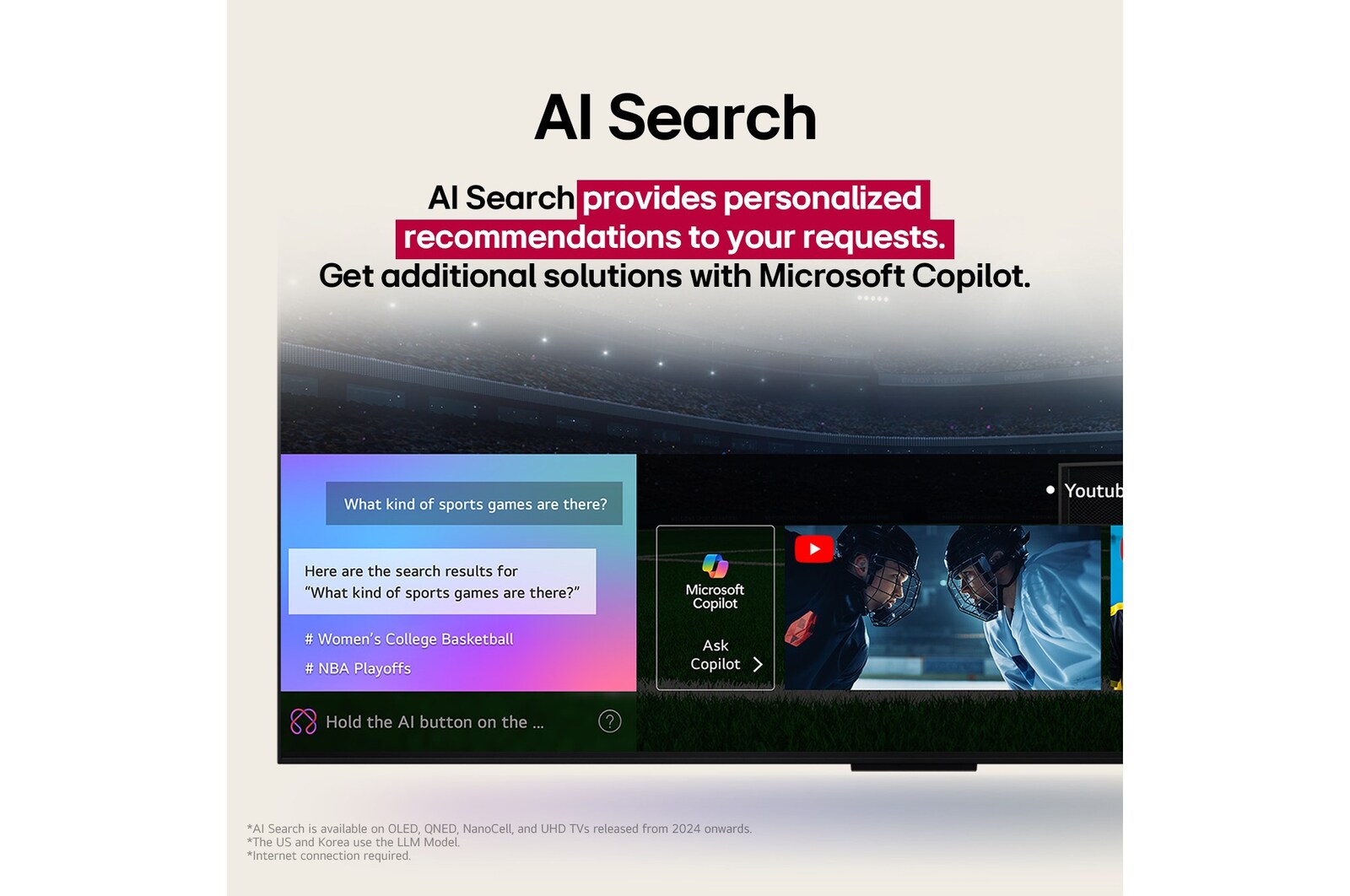 Close-up of an LG  TV screen showing how AI Search works. A small chat window is open showing how the user asked for what sports games are available. AI search responded via chat and by showing thumbnails of available content. There is also a prompt to ask Microsoft Copilot. 