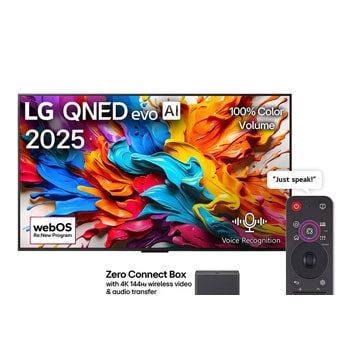 Front view of LG QNED evo AI QNED9M TV. LG QNED evo AI Logo on the. op corner. LG QNED evo TV depicts colorful paintike textures coming together. Zero Connect Box in the corner with the title, Zero Connect Box with 4K 144Hz wireless video & audio transfer.