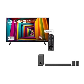 Front view of 98 Inch LG UHD UT90 4K Smart TV AI Magic remote HDR10 Pro webOS24 2024 120 HZ + LG Soundbar for TV with Dolby Atmos 5.1.3 channel S80TR 98UT90006LA.S80TR