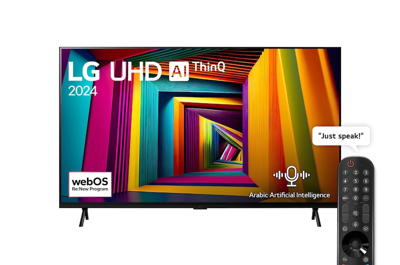 Front view of LG UHD TV, 98UT90 with text of LG UHD AI, 2024, and webOS Re:New Program logo on screen