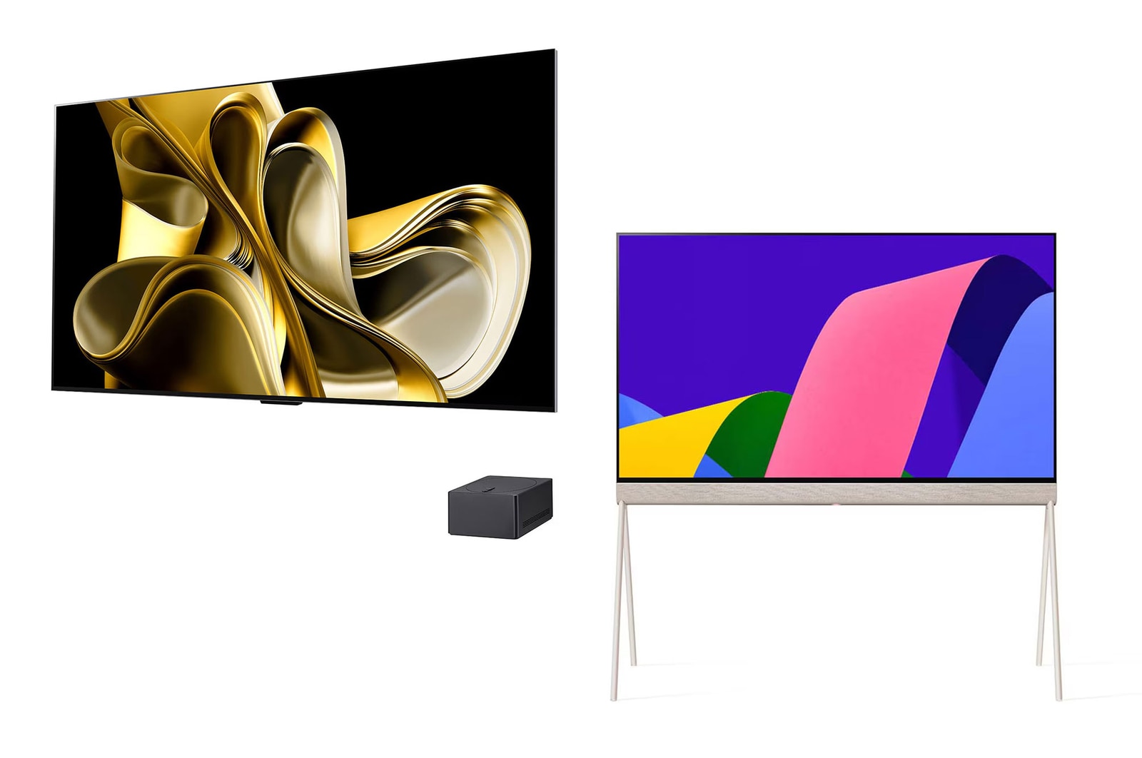 Front view of 83 inch LG OLED evo M3 4K Smart TV with Wireless 4K Connectivity, webOS 23, Smart AI thin Q, Magic remote + LG OLED Pose 55 Inch 4K TV Smart TV, All Around-Design, a9 Gen5 AI processor. OLED83M36LA.55LX1Q