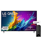 Front view of LG QNED TV, QNED80 with text of LG QNED, 2024, and webOS Re:New Program logo on screen