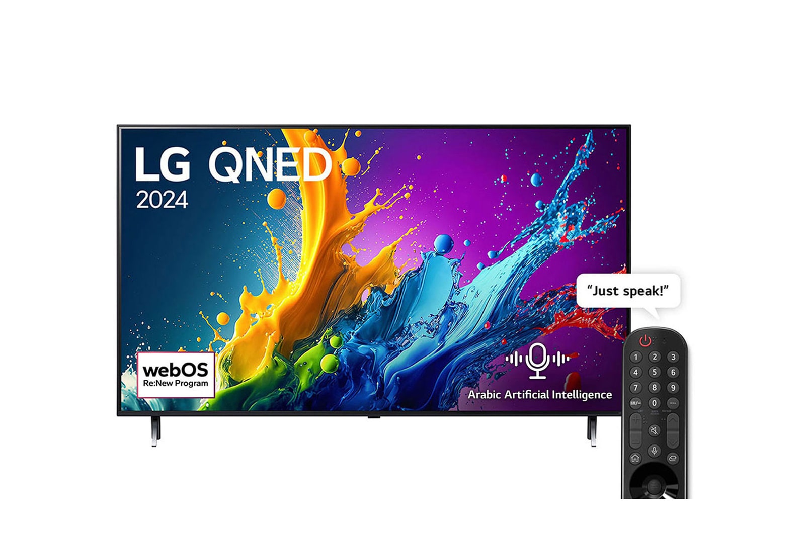 Front view of LG QNED TV, QNED80 with text of LG QNED, 2024, and webOS Re:New Program logo on screen