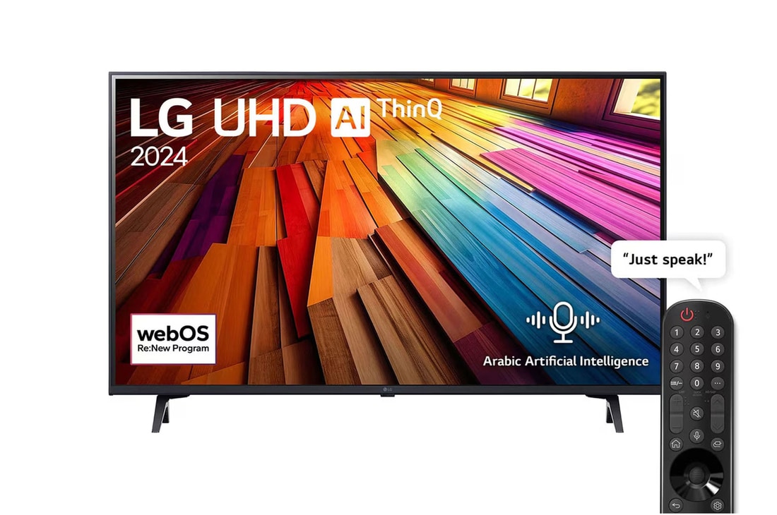 Front view of LG UHD TV, UT80 with text of LG UHD AI ThinQ, 2024, and webOS Re:New Program logo on screen