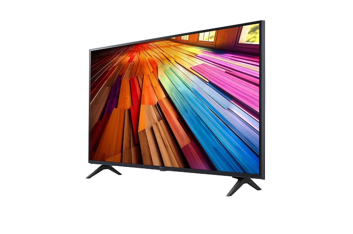Slightly-angled left-facing side view of LG UHD TV, UT80