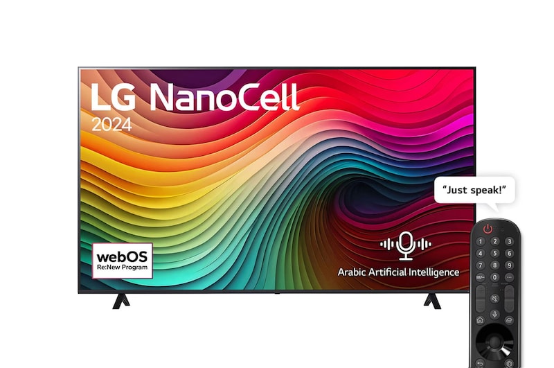 Front view of LG NanoCell TV, NANO80 with text of LG NanoCell, 2024, and webOS Re:New Program logo on screen