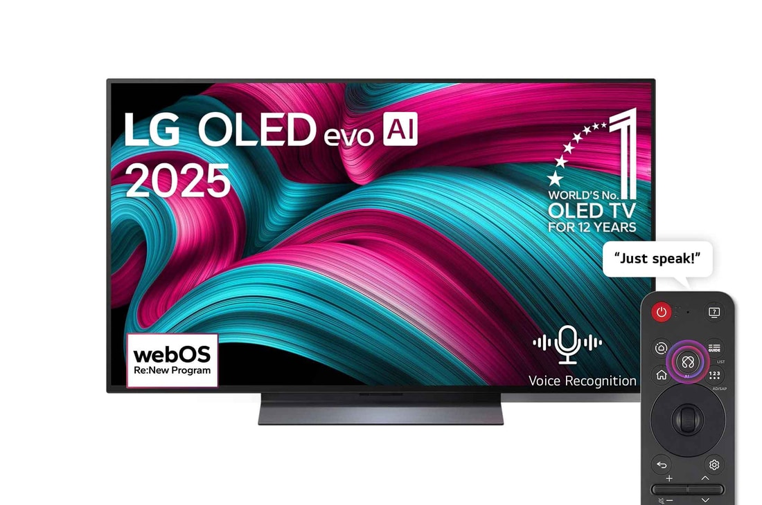 Front view of LG OLED evo AI C5 4K Smart TV. 12 Years of world number 1 OLED emblem and LG OLED evo AI 2025 logo are on the screen.
