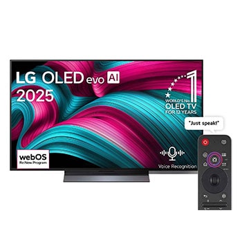 Front view of LG OLED evo AI C5 4K Smart TV. 12 Years of world number 1 OLED emblem and LG OLED evo AI 2025 logo are on the screen.